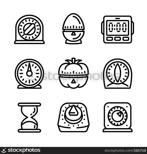 Kitchen timer icon set. Outline set of kitchen timer vector icons for web design isolated on white background. Kitchen timer icon set, outline style