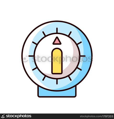 Kitchen timer RGB color icon. Alarm clock with countdown on dial. Household gadget. Cooking instruction. Food preparation process. Isolated vector illustration. Simple filled line drawing. Kitchen timer RGB color icon