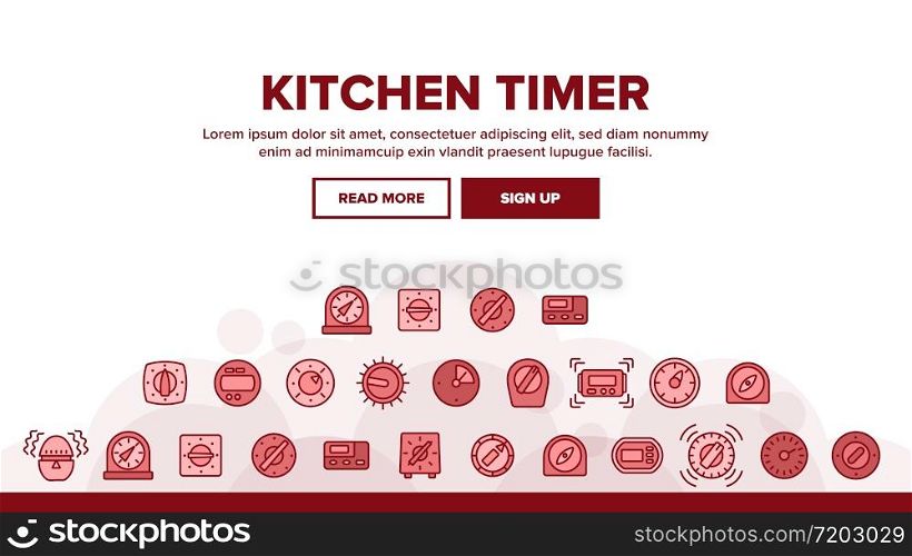 Kitchen Timer Tool Landing Web Page Header Banner Template Vector. Electronic And Mechanical Timer For Measurement And Alarm Cooking Time, Device In Egg Form Illustrations. Kitchen Timer Tool Landing Header Vector