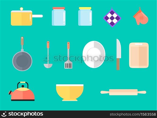 Kitchen tool flat icon collection green background. Vector illustration.