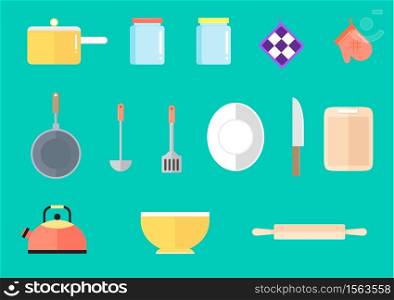 Kitchen tool flat icon collection green background. Vector illustration.