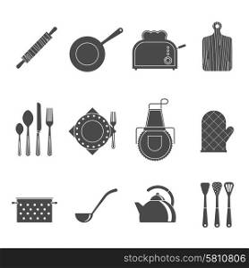 Kitchen tools accessories black icons set. Kitchen utensils tools and accessories icons set with cutting board and apron black abstract isolated vector illustration