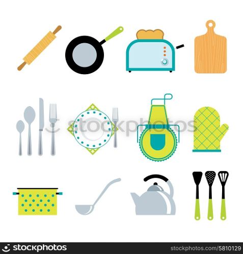 Kitchen tools accessories flat icons set. Kitchen utensils gadgets and accessories icons collection with toaster and rolling pin flat abstract isolated vector illustration