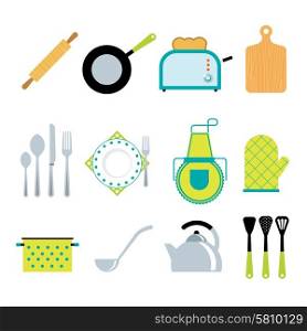 Kitchen tools accessories flat icons set. Kitchen utensils gadgets and accessories icons collection with toaster and rolling pin flat abstract isolated vector illustration