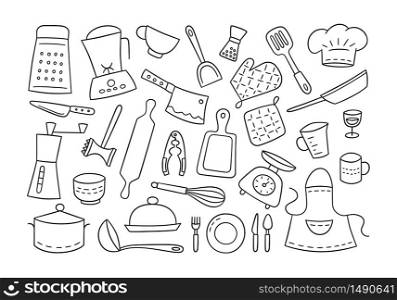 Kitchen tools and tableware. Cook. Hand drawn set of elements. Vector illustration in doodle style. Kitchen tools and tableware. Cook. Hand drawn.