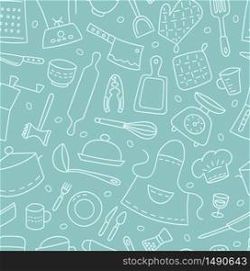 Kitchen tools and tableware. Cook. Seamless pattern. Hand drawn vector illustration in doodle style.. Kitchen tools and tableware. Cook. Seamless pattern. Hand drawn vector illustration
