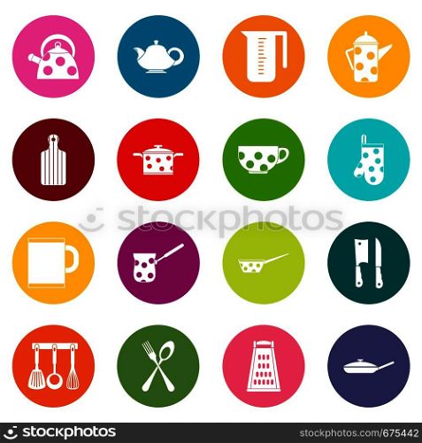 Kitchen tools and utensils icons many colors set isolated on white for digital marketing. Kitchen tools and utensils icons many colors set