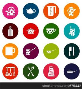 Kitchen tools and utensils icons many colors set isolated on white for digital marketing. Kitchen tools and utensils icons many colors set