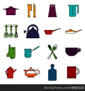 Kitchen tools and utensils icons set. Doodle illustration of vector icons isolated on white background for any web design. Kitchen tools and utensils icons doodle set