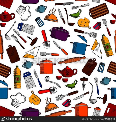 Kitchen tools and utensils seamless pattern with cup, knife, fork, pan, chef hat, spatula, teapot, cutting board, rolling pin, grater, corkscrew ladle tray salt shaker napkin. Kitchen tools and utensils seamless pattern