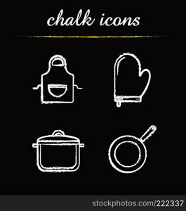 Kitchen tools chalk icons set. Kitchenware. Cooking apron, oven mitt, saucepan with lid, frying pan. Isolated vector chalkboard illustrations. Kitchen tools chalk icons set