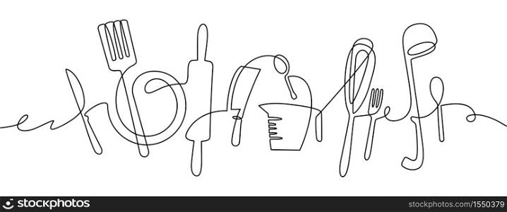 Kitchen tools. Continuous one line drawing kitchen utensils, cooking tool illustration, black and white outline cutlery sketch vector design. Fork and knife, rolling pin and whisk, ladle. Kitchen tools. Continuous one line drawing kitchen utensils, cooking tool illustration, black and white outline cutlery sketch vector design