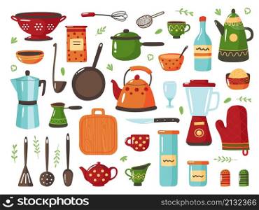 Kitchen tools. Cook equipments, cooking tool and crockery. Isolated decorated cup, polka dot teapot. Accessories for food home made classy vector kit. Equipment kitchen for cook illustration. Kitchen tools. Cook equipments, cooking tool and crockery. Isolated decorated cup, polka dot teapot. Accessories for food home made classy vector kit