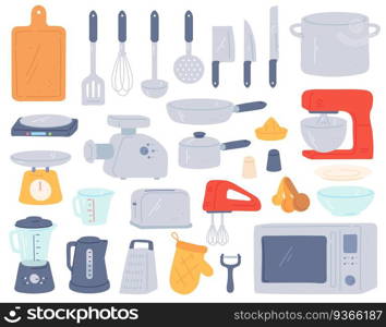 Kitchen tools. Cooking utensil and electric appliances for baking oven, mixer, scales, mincer. Home cookware in minimalist style vector set. Toaster, jar for water and glass, frying pan and saucepan. Kitchen tools. Cooking utensil and electric appliances for baking oven, mixer, scales, mincer. Home cookware in minimalist style vector set