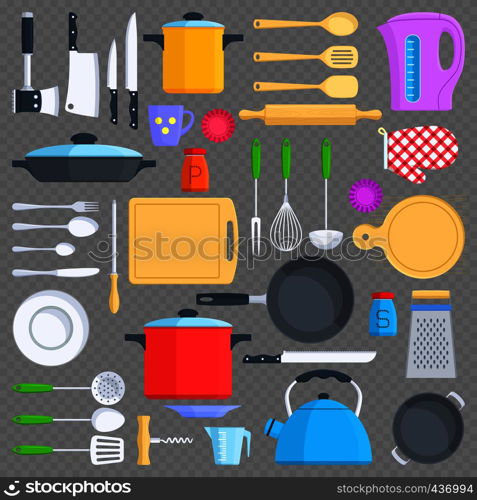 Kitchen tools, cookware and kitchenware flat icons isolated on transparent background. Vector illustration. Kitchen tools, cookware and kitchenware flat icons