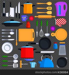 Kitchen tools, cookware and kitchenware flat icons isolated on transparent background. Vector illustration. Kitchen tools, cookware and kitchenware flat icons
