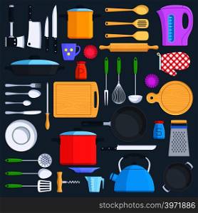 Kitchen tools, cookware and kitchenware flat icons set. Kitchenware cup and pot illustration. Kitchen tools, cookware and kitchenware flat icons set