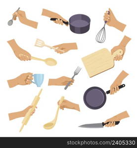 Kitchen tools. Hands holding various items for preparing products cuisine objects plates spoons forks pots recent vector flat illustrations. Hand with spoon or kitchen equipment tools. Kitchen tools. Hands holding various items for preparing products cuisine objects plates spoons forks pots recent vector flat illustrations