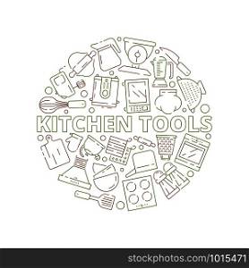 Kitchen tools icons. Food prepare cooking items spoon fork knife in circle shape vector thin line symbols. Illustration of kitchenware utensil, accessory of dishware and equipment. Kitchen tools icons. Food prepare cooking items spoon fork knife in circle shape vector thin line symbols
