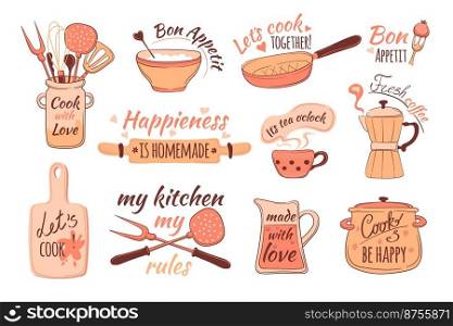 Kitchen tools letters. Cook elements typography"e lettering, rules home preparation food, funny apron cooking, chef label or st&hand drawn symbol, neat vector illustration. Kitchen tools letters. Cook elements typography"e lettering, rules home preparation food, funny apron cooking, chef label or st&hand drawn