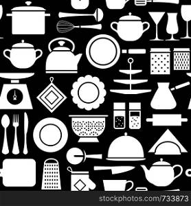 Kitchen tools modern pattern, cooking set background silhouette icons home tableware, household and kitchen utensils for banner