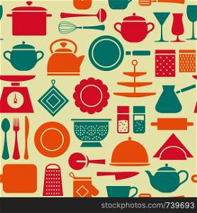 Kitchen tools modern pattern, cooking set of 4 color background silhouette icons home tableware, household and kitchen utensils for banner