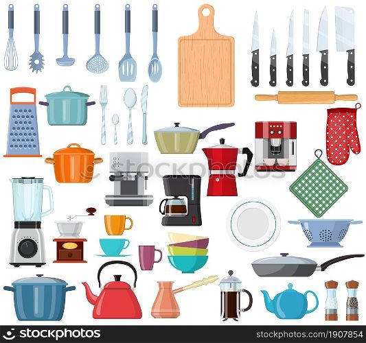 kitchen tools set icon. Kitchenware collection. Lots of kitchen tools, utensils, cutlery. Web page design template Poster banner website, UI, UX, mobile phone apps. Vector illustration in flat style.. kitchen tools set icon