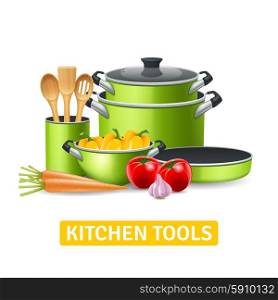 Kitchen Tools With Vegetables Illustration . Kitchen tools with vegetables such as onions tomatoes and peppers realistic vector illustration