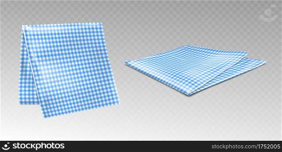 Kitchen towel or tablecloth with chequered blue and white print. Hanging and laying picnic napkin, gingham cotton linen or plaid isolated on transparent background, Realistic 3d vector illustration. Kitchen towel or tablecloth with chequered print