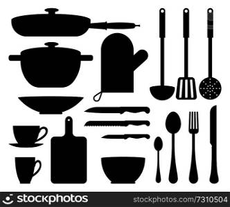 Kitchen utensil cute patterns vector illustration with black silhouettes of knives, fork and spoons, cups and pan, plate and glove, white backdrop. Kitchen Utensil Cute Patterns Vector Illustration