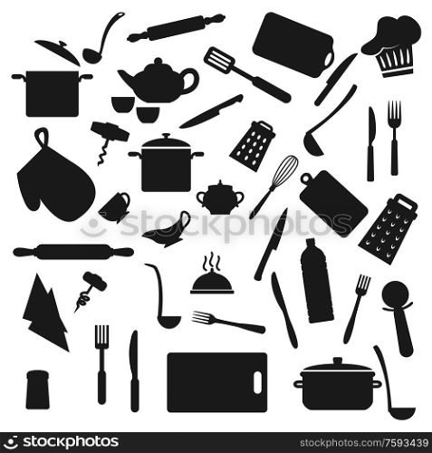 Kitchen utensil, kitchenware black silhouettes, household cooking appliances. Vector home cook utensils and cookware saucepan, ladle, cup, fork and knife, whisk, spoon and cutting board, turner. Kitchen utensil, kitchenware black silhouettes