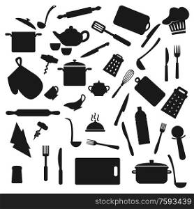 Kitchen utensil, kitchenware black silhouettes, household cooking appliances. Vector home cook utensils and cookware saucepan, ladle, cup, fork and knife, whisk, spoon and cutting board, turner. Kitchen utensil, kitchenware black silhouettes