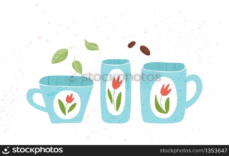 Kitchen utensil, kitchenware design elements - different tea coffee cups, mugs isolated on white. Trendy textures on cartoon kitchen items. Ceramic tableware flat hand drawn vector set provencal style. textured flat kitchenware vector set