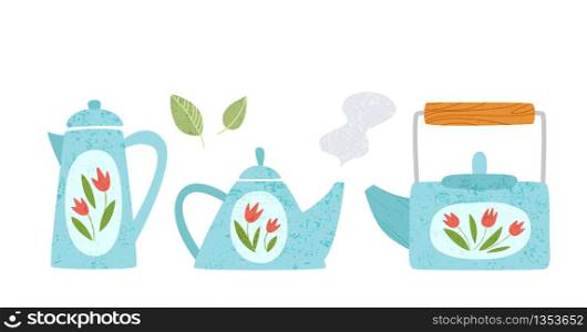 Kitchen utensil, kitchenware design elements - different tea pots or kittles isolated on white. Trendy textures on cartoon kitchen items. Ceramic tableware flat hand drawn vector set provencal style. textured flat kitchenware vector set