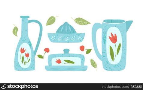 Kitchen utensil, kitchenware design elements - jug, jucer, oilcan, water pot isolated on white. Trendy textures on cartoon kitchen items. Ceramic tableware flat hand drawn vector set provencal style. textured flat kitchenware vector set