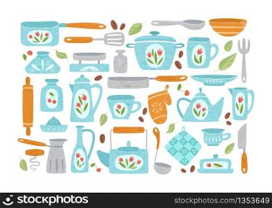 Kitchen utensil or kitchenware design elements. Cooking color cliparts isolated on white. Trendy textures on cartoon kitchen items. Ceramic, wooden tableware flat hand drawn vector set provencal style. textured flat kitchenware vector set