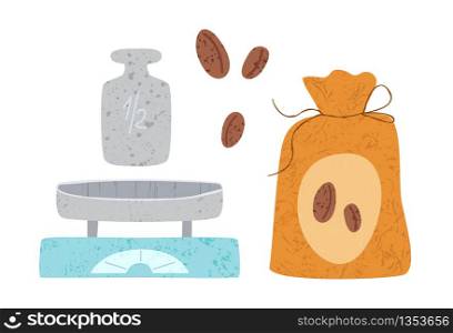 Kitchen utensil or kitchenware design elements. scales, coffee bag and beans isolated on white. Trendy textures on cartoon kitchen items. tableware flat hand drawn vector set provencal style. textured flat kitchenware vector set
