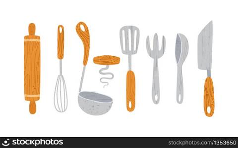 Kitchen utensil or kitchenware design elements - spoon, bowl, fork roller pin, pan isolated on white. Trendy textures on cartoon kitchen items. tableware flat hand drawn vector set provencal style. textured flat kitchenware vector set