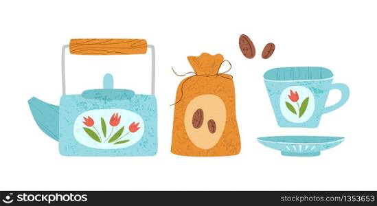 Kitchen utensil or kitchenware design elements - teapot, mug and coffee bag isolated on white. Trendy textures on cartoon kitchen items. Ceramic tableware flat hand drawn vector set provencal style. textured flat kitchenware vector set