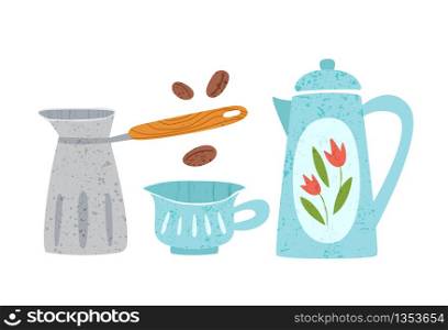 Kitchen utensil or kitchenware design elements - teapot, mug and coffee maker isolated on white. Trendy textures on cartoon kitchen items. Ceramic tableware flat hand drawn vector set provencal style. textured flat kitchenware vector set