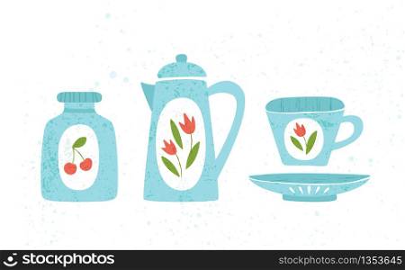 Kitchen utensil or kitchenware design elements - teapot, mug and plate, jar isolated on white. Trendy textures on cartoon kitchen items. Ceramic tableware flat hand drawn vector set provencal style. textured flat kitchenware vector set