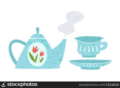 Kitchen utensil or kitchenware design elements - teapot, tea cup and plate isolated on white. Trendy textures on cartoon kitchen items. Ceramic tableware flat hand drawn vector set provencal style. textured flat kitchenware vector set