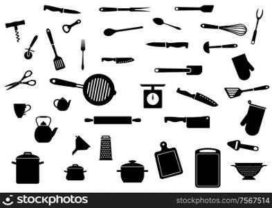 Kitchen utensil silhouette icons set isolated on white background. For kitchenware and restaurant design