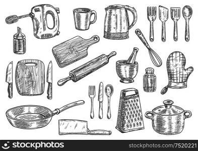 Kitchen utensils and appliances isolated sketches. Cooking pot, knife, fork, frying pan, spoon, cup, spatula, electric kettle, hand mixer, cutting board, whisk, rolling pin and grater. Kitchen utensils and appliances isolated sketches