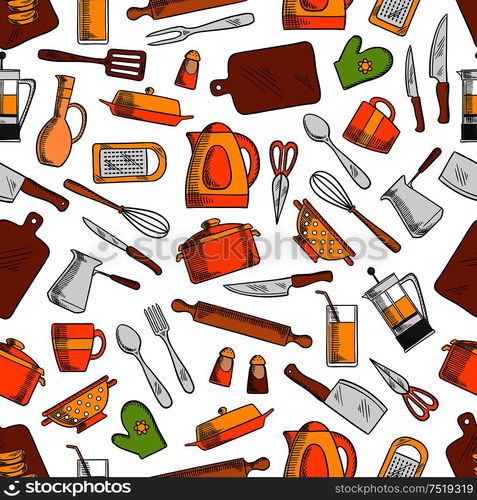 Kitchen utensils and appliances seamless pattern with spoon, knife, fork, pan, cup, glass, spatula, coffee and tea pots, electric kettle, cutting board, grater, salt and pepper whisk colander. Kitchen utensils and appliances seamless pattern