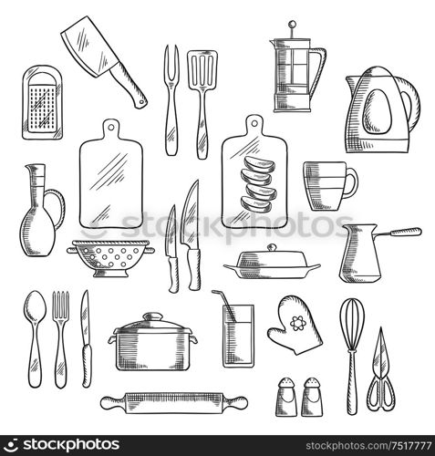 Kitchen utensils and appliances sketch icons of tea and coffee pots, knives, forks and spoon, cup, glass and jug, spatula and cutting boards, grater and rolling pin, electric kettle and pot, whisk, scissors and colander, salt and pepper shakers . Kitchen utensils and appliances sketches