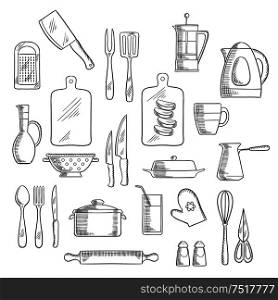 Kitchen utensils and appliances sketch icons of tea and coffee pots, knives, forks and spoon, cup, glass and jug, spatula and cutting boards, grater and rolling pin, electric kettle and pot, whisk, scissors and colander, salt and pepper shakers . Kitchen utensils and appliances sketches
