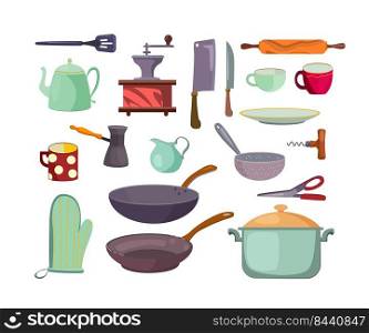 Kitchen utensils and tools flat icon set. Cartoon cups, saucepans, pots, cutlery and teapot isolated vector illustration collection. Cooking and accessories concept