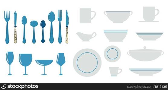 Kitchen utensils. Cartoon kitchenware with spoon knives and forks. Isolated white dishes. Blue cutlery. Serving ceramic plates or bowls. Wine glasses and porcelain cups. Vector cooking equipment set. Kitchen utensils. Cartoon kitchenware with spoon knives and forks. Isolated white dishes. Blue cutlery. Ceramic plates or bowls. Glasses and porcelain cups. Vector cooking equipment set