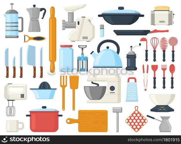 Kitchen utensils, cooking culinary serving tools, cutlery symbols. Kitchenware tools, utensils, tableware vector illustration set. Culinary tools elements collection as kettle and grinder. Kitchen utensils, cooking culinary serving tools, cutlery symbols. Kitchenware tools, utensils, tableware vector illustration set. Culinary tools elements collection